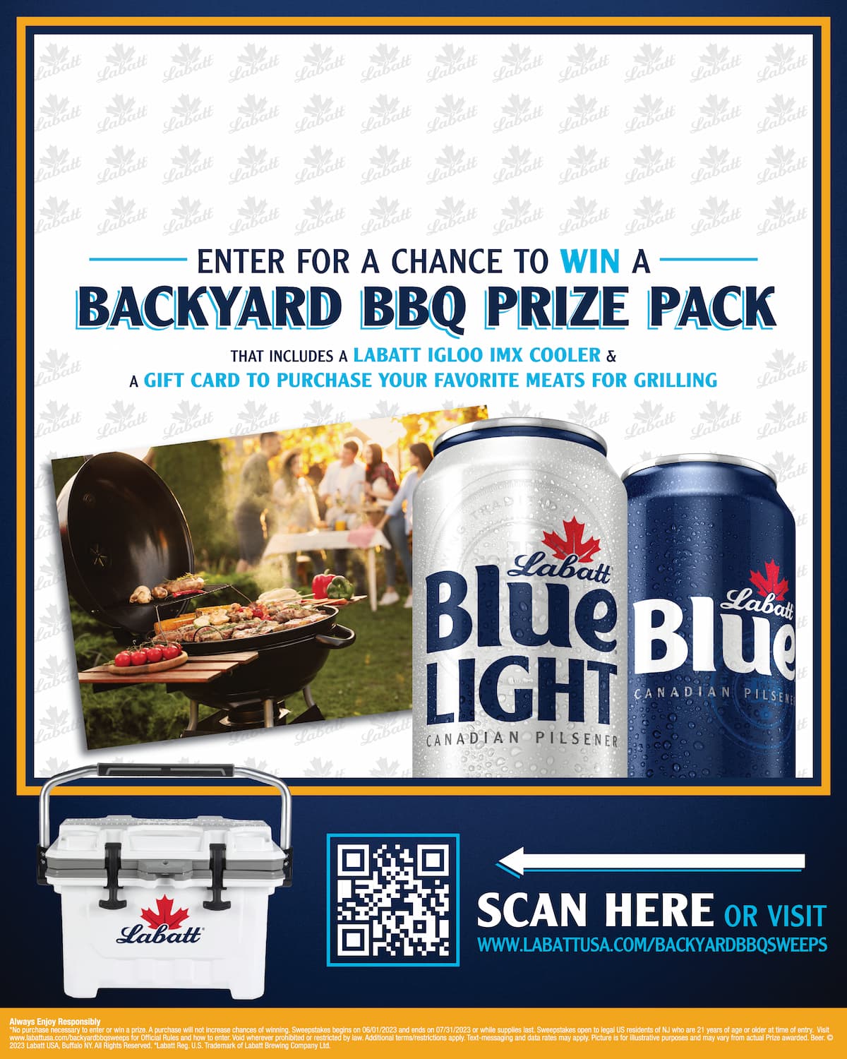 Graphic collage featuring blue and blue light cans, a grill and the Labatt branded IGLOO IMX cooler