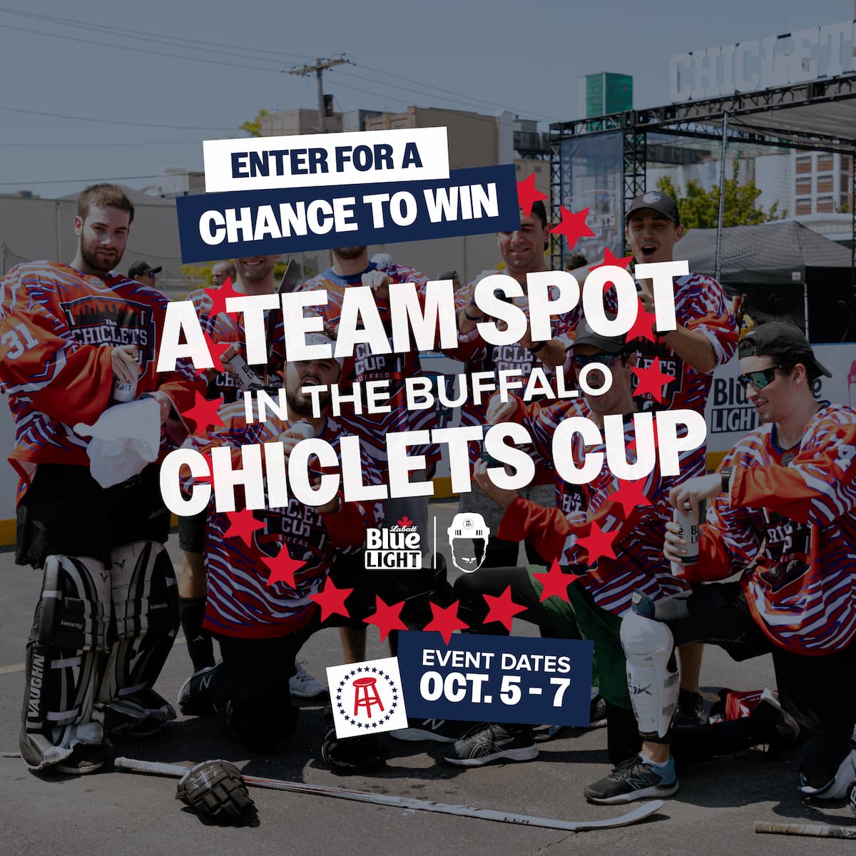 A hockey team posing at the Chiclets Cup with an overlayed graphic that reads: 'Enter for a chance to win A Team spot in the Buffalo Chiclets Cup Oct. 5-7'