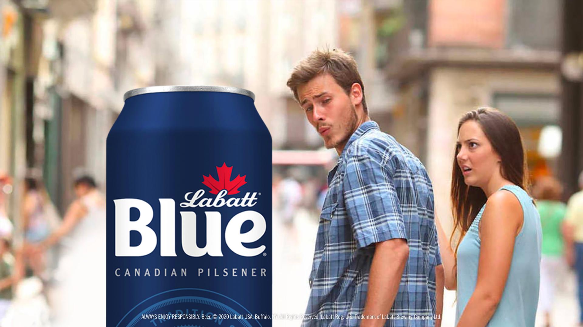 Meme with guy Looking at a Labatt Blue Can Background